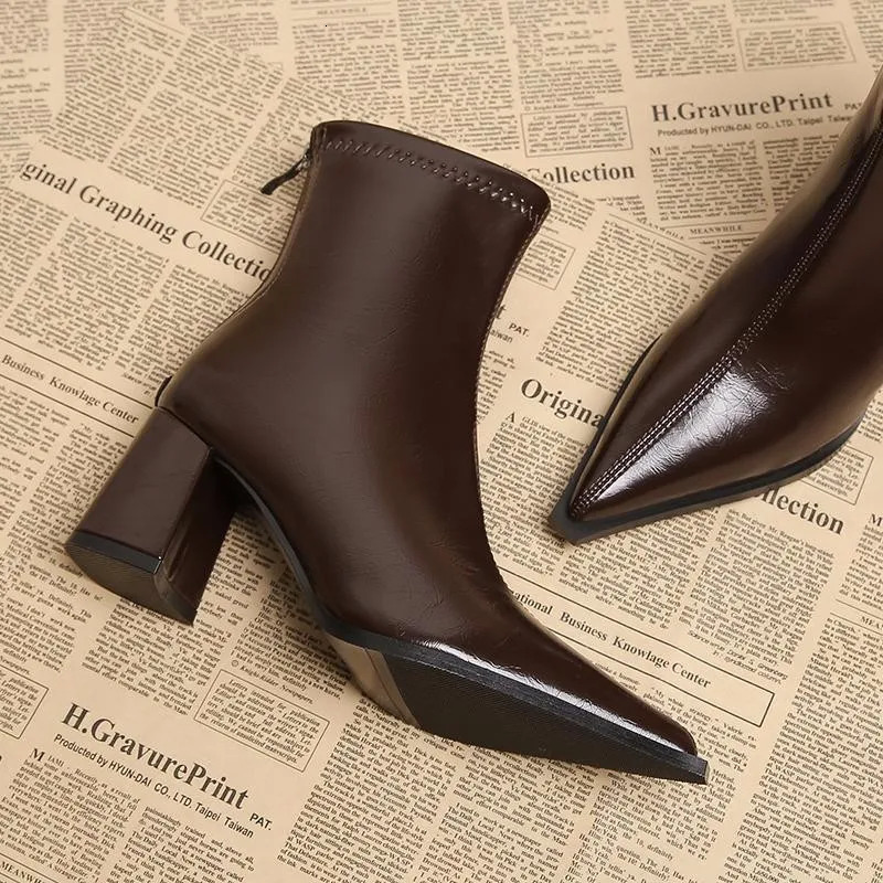 Autumn Winter Fashion Pointed Toe Ankle Boots Women Zippers Thick Heels Shoes Street Style Banquet Party Short Botas Mujer 251209