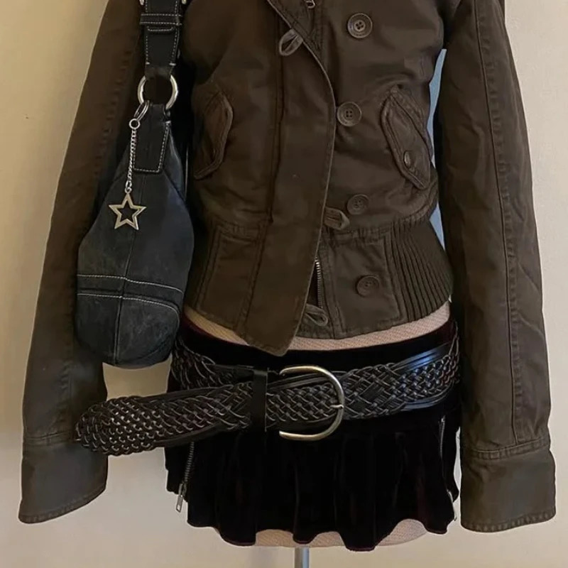 Y2k retro brown slim women jacket Harajuku street casual fur collar button zipper women jacket denim jacket women251205