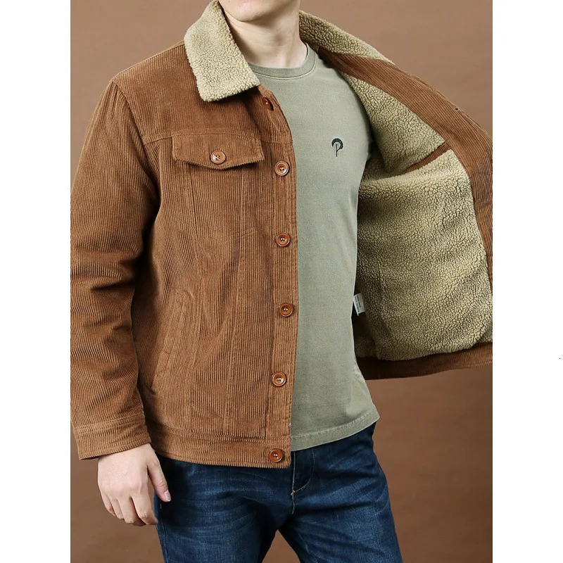 Mens Outdoor Sportswear Parkas Corduroy Jacket Highquality Plush Retro Short Style Lapel Button Thick Winter Warm 251104