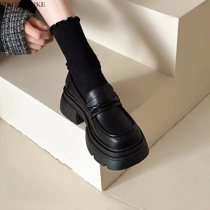 STAOXINDIKE Women's Leather Shoes 2025 Spring Autumn New British Style Genuine Leather Thick Sole Chunky Heel Student JK Versatile Skirt Matchi