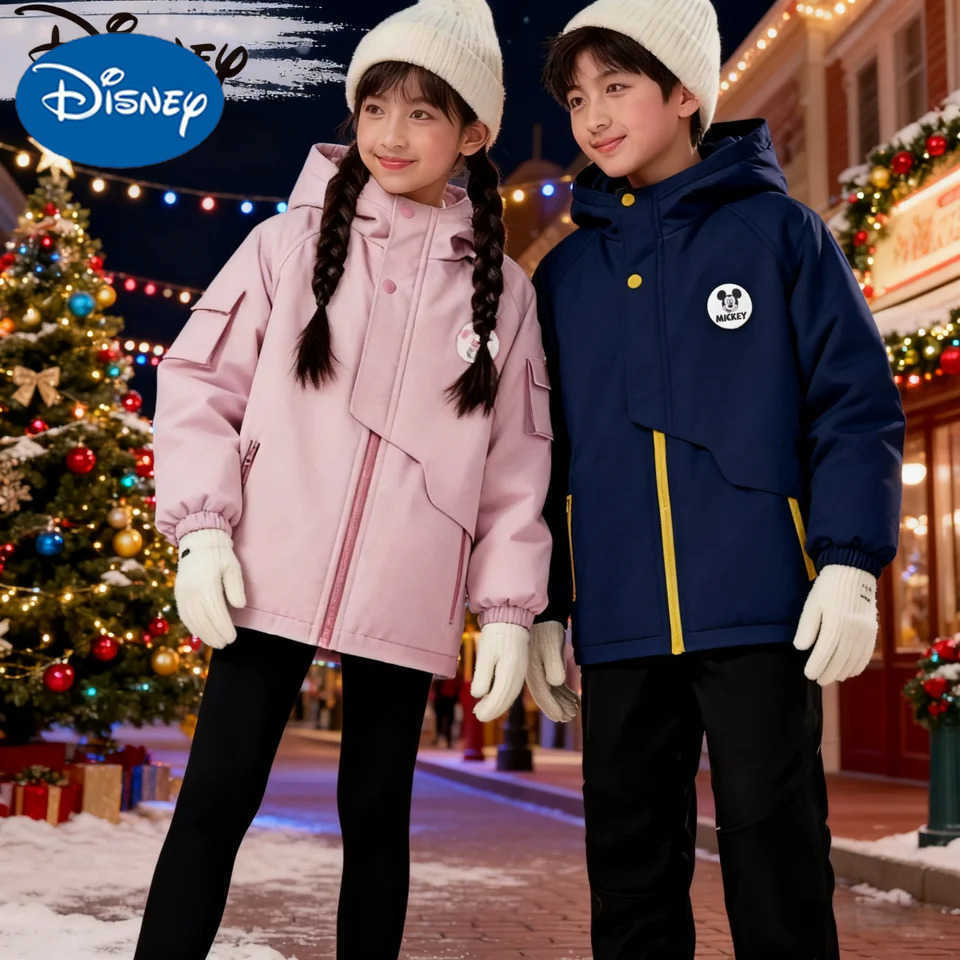 Disney Kids Windproof Cotton-padded Jacket Winter Cold-resistant Color Patchwork Thickened Jacket Children Lightweight Outerwear H251213-image-1088254516