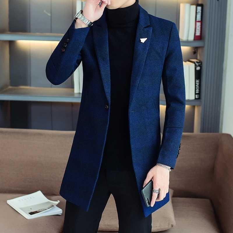 Business Casual Mens Mid-Length Striped Overcoat 2025 Spring Autumn Slim Fit Top Woolen Coats Outwear Plaid Windbreaker JacketsT251213