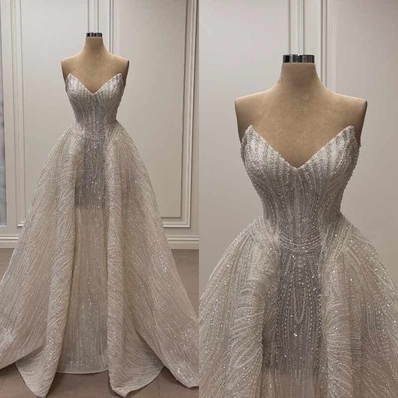 Shiny A Line Wedding Dresses Sweetheart Neck Sleeveless Sequins Bridal Gowns Beadeds Vestidos De Novia Customized