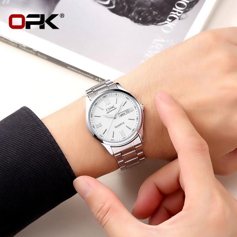 OPK Men's Chinese Style LED Watch, Battery-Powered Quartz Wristwatch with Complete Calendar, Round Alloy Case, Silver-Black Stainless Steel Band, Fo