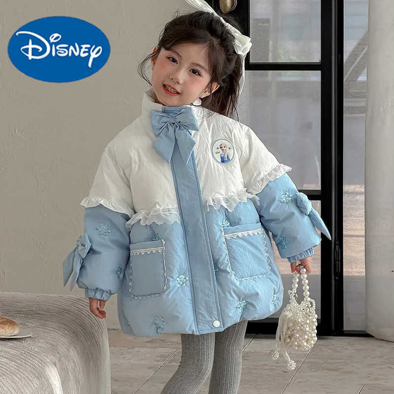 Disney Girls Elsa Princess Cotton Jacket Winter 2025 New High Collar Thickened Warm Quilted Coats Childrens Lace Patchwork Outerwears H251213-image-1088254411