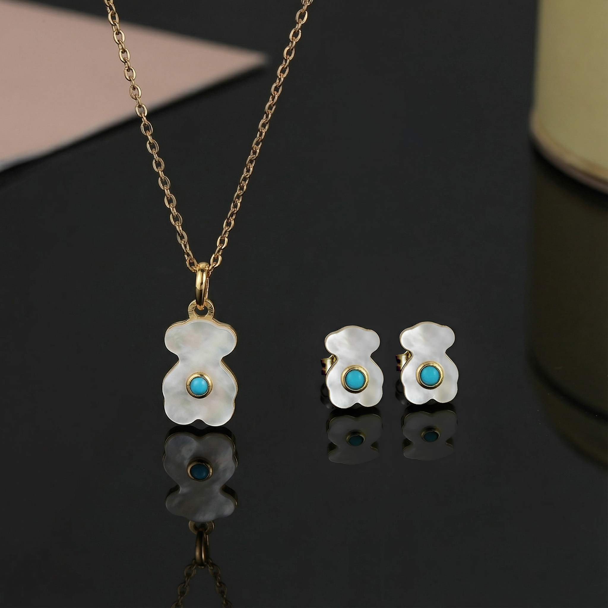 New Fashion Women Girls Silver Rose Gold Stainless Steel Span Bear Animal White Shell Zircon Heart Pendant Earrings Jewelry-image-1088279933