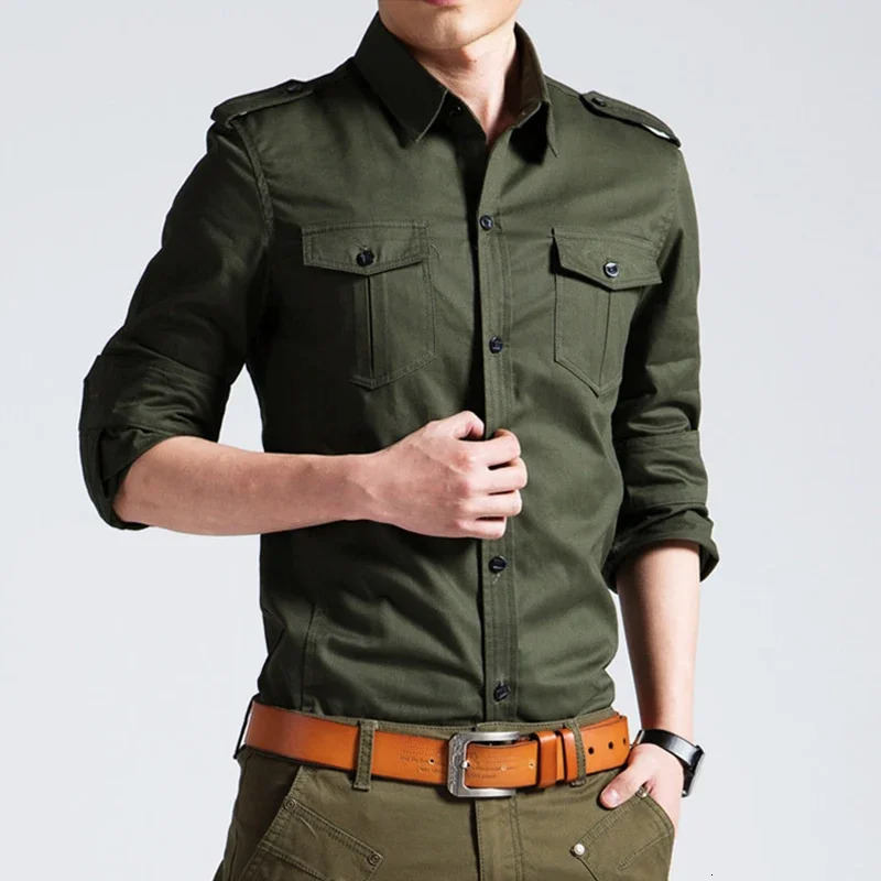 Mens Military Shirts 2025 Autumn Long Sleeve Casual Workwear Pocket Shirts Camisas Slim Solid Male Military Shirts Chemise Homme251205