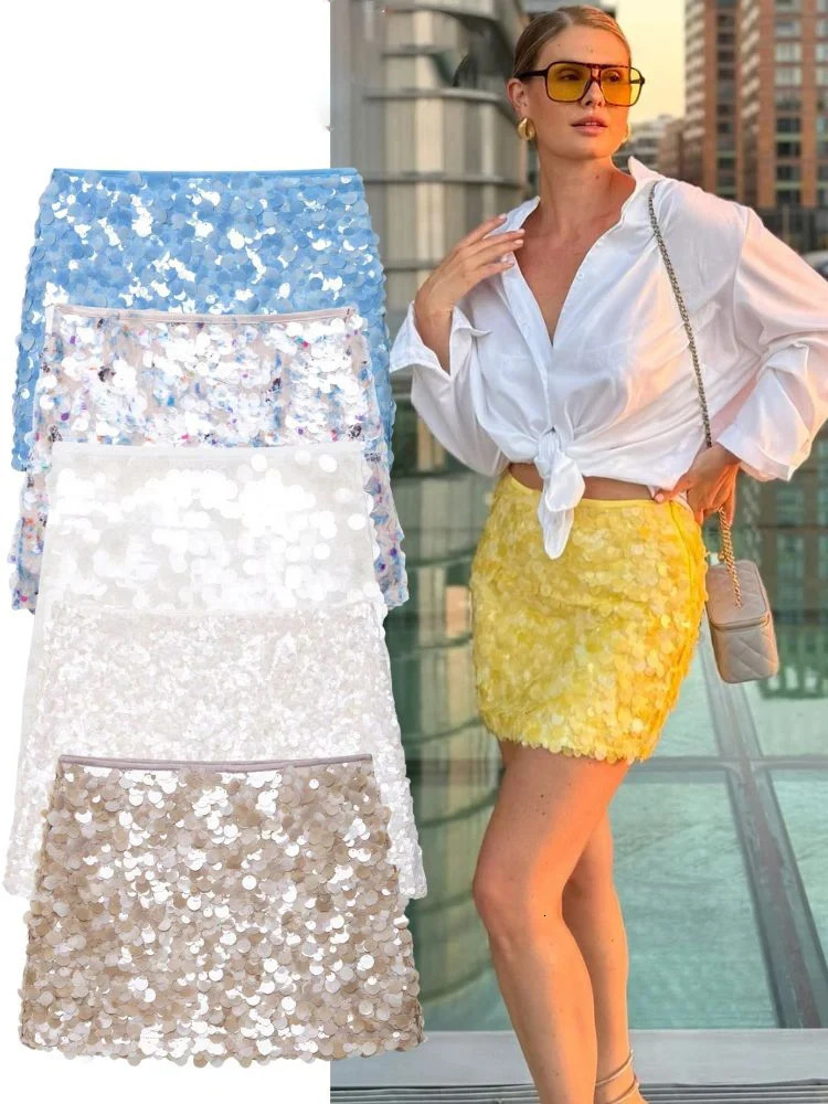 HH Elegant Women Solid Sequined Slim Mini Skirt 2025 Sparkling Party Style Skirt Female Sexy High Waist Short A-Line Skirt251205