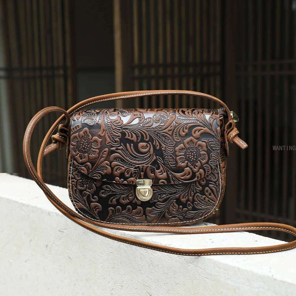 Vintage Floral Embossed Top Layer Cowhide Leather Single Shoulder For Women Soft Zipper Closure Crossbody Bag