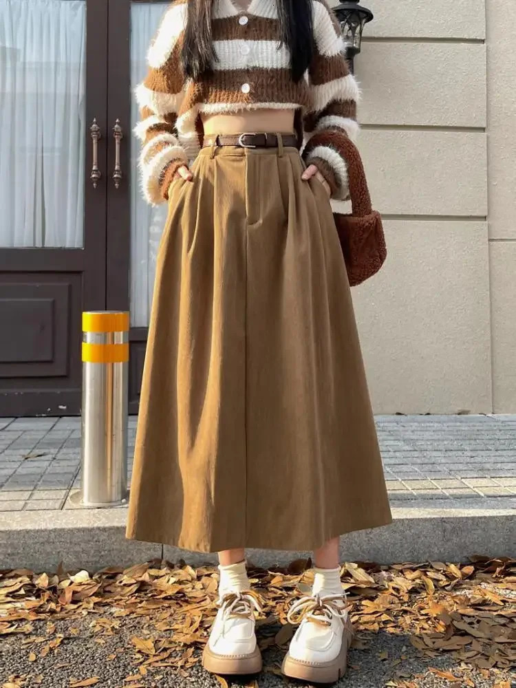 Korean Womens Brown Skirt 2024 Autumn Winter Black High-waisted Corduroy Long Skirt Ladies College Style Pleated A-line Skirts251205