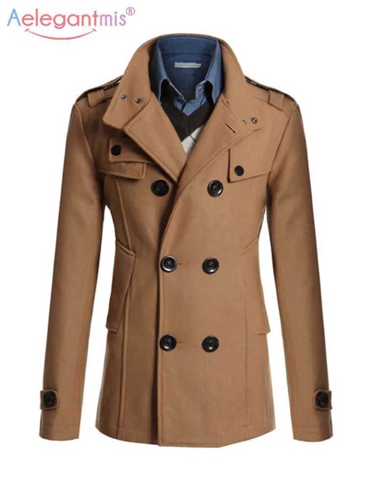 Aelegantmis Casual Wool Blends Coat for Men Double Breasted Stand Collar Woolen Jackets Autumn Winter Business Slim Fit OutwearT251213