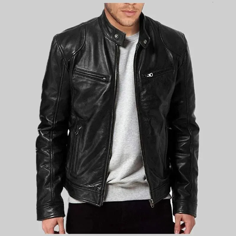 Fashionable Mens Stand Collar Slimming Leather Jacket Zipper Pocket Decorative Pu Leather Motorcycle Coat 251211