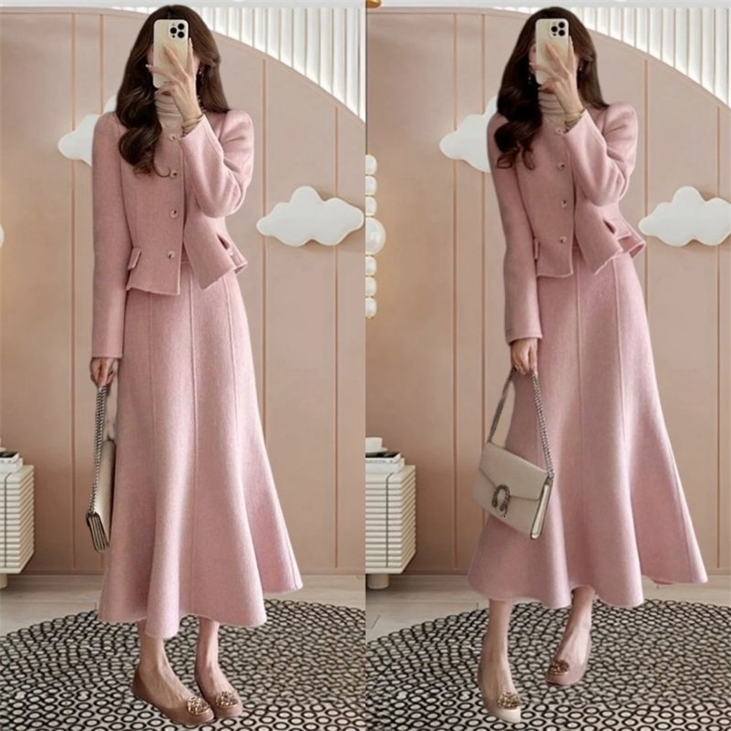 High End Small Fragrance Womens Two Piece Set Celebrity Autumn Winter Tweed Long Sleeve Coat A-line Midi Skirt Pink Suit 251205