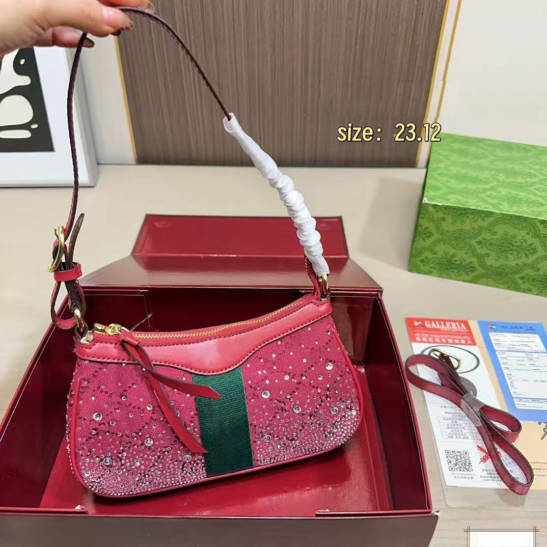 Red Shoulder Bags Designer Hobos Bag Women Underarm Bags Diamond Fashion Crossbody Bags Luxury Purse Half Moon Shaped Lady Daily Shopping Bags with