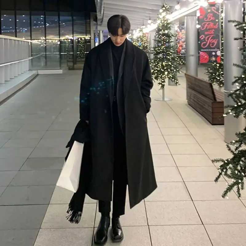 Lapel Mens Long Woolen Coat Korean Midi-length Trench Coats Solid Color Classsic Mans Winter WindbreakerT251213