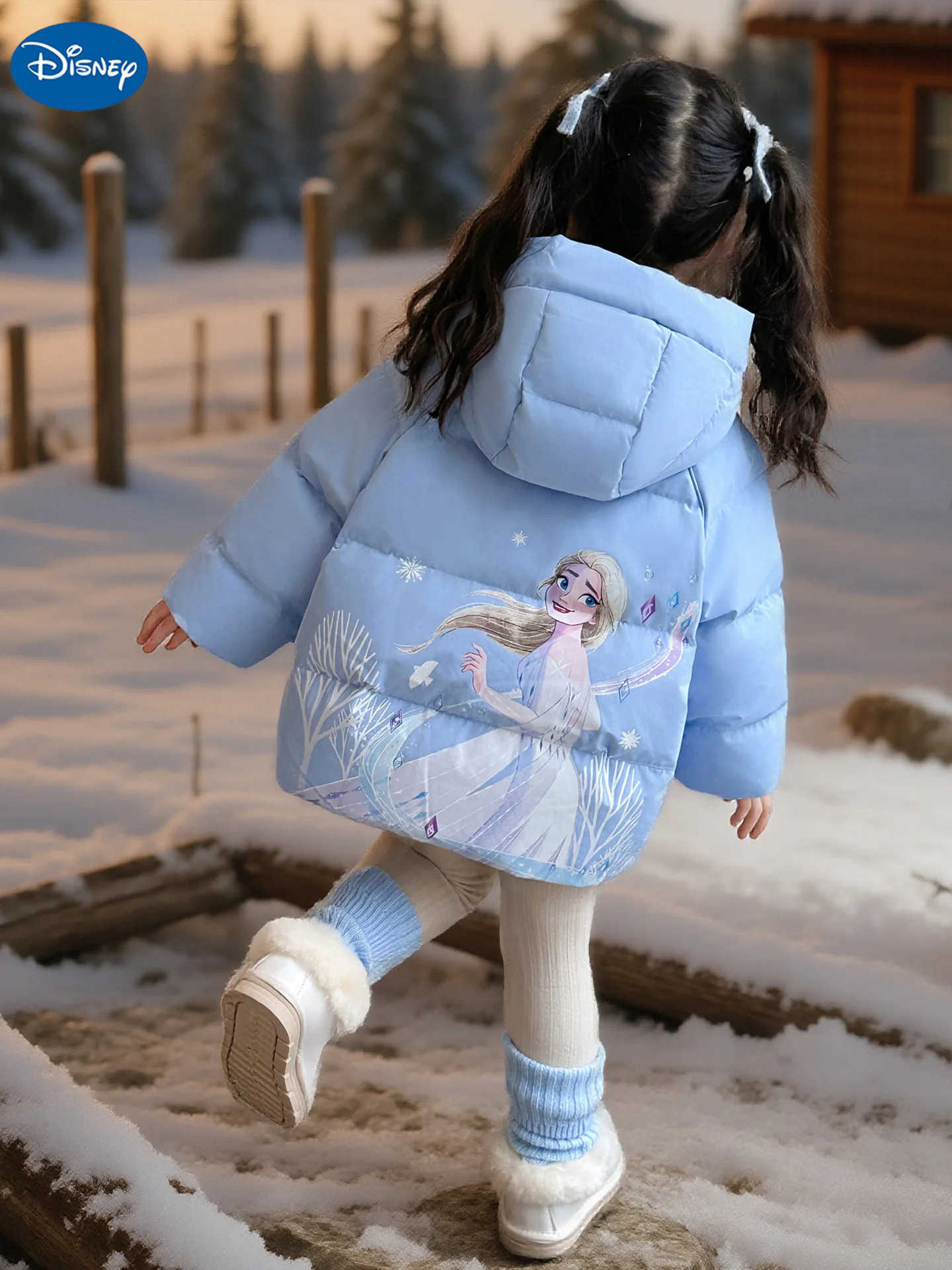 Disney Princess Elsa Down Jacket For Girls Winter Cute Cartoon Printed Hooded Overcoat Korean Fashion Kids Cotton Coat H251213-image-1088254577