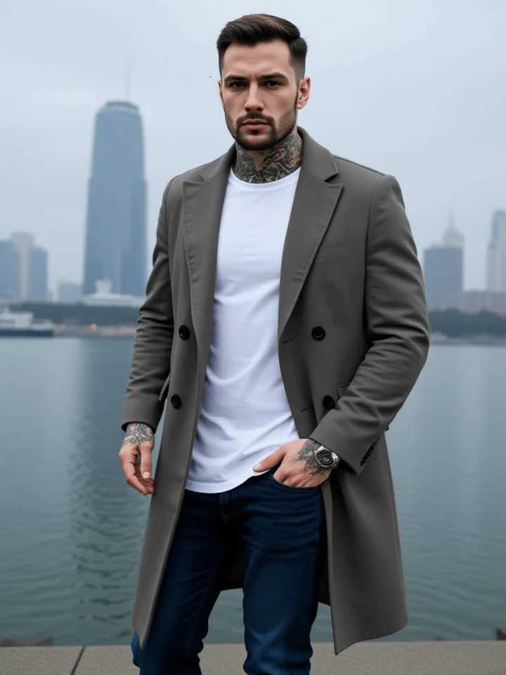 New Arrival Mens Solid Color Woolen Coat Double-Breasted Thickened Jacket with Lined Winter Warmth - Premium Business CasualT251213