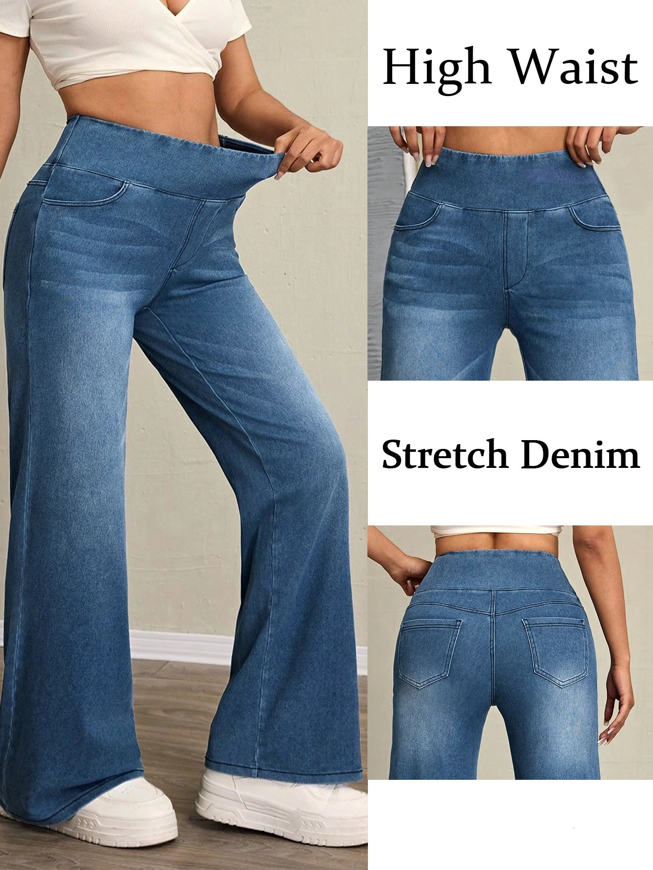 I jeans da donna a gamba larga a vita alta con vestibilità slim addominoplastica realizzati in tessuto denim elasticizzato sono eleganti per l'uso c