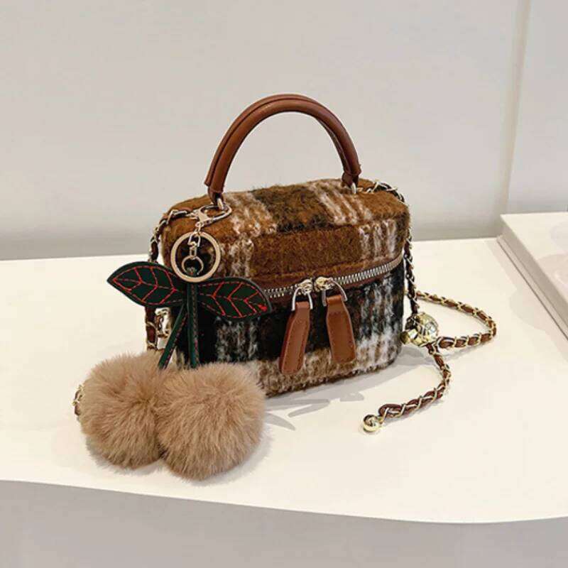 Retro Plush Square Shoulder Double Zipper Handbag Chain Crossbody Box With Pendant New Korean Style Luxury Evening Bag