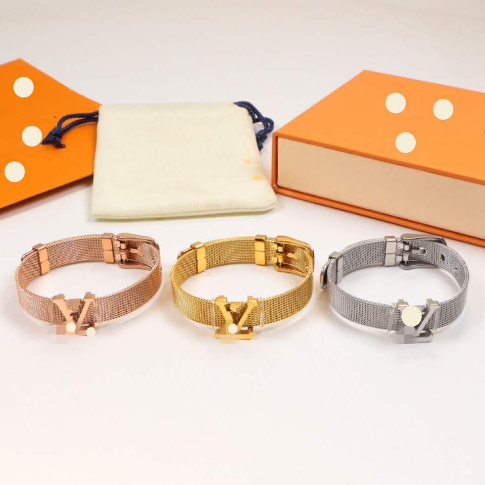 Men boy 316L stainless steel Luxury designer Girl woman wristband mesh bracelets elegant 18K Gold silver rose Bangles branded engrave Jewelry Lady P