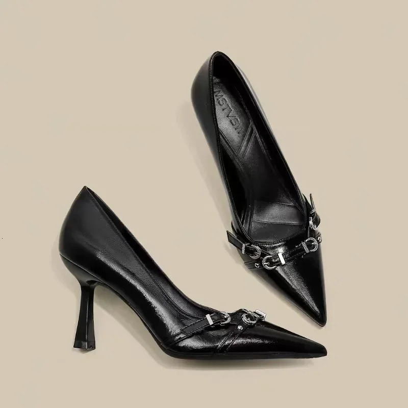 Women autumn simple solid color outdoor slip-on pointed low-top shoesfashion metal buckle women office high heels 251209