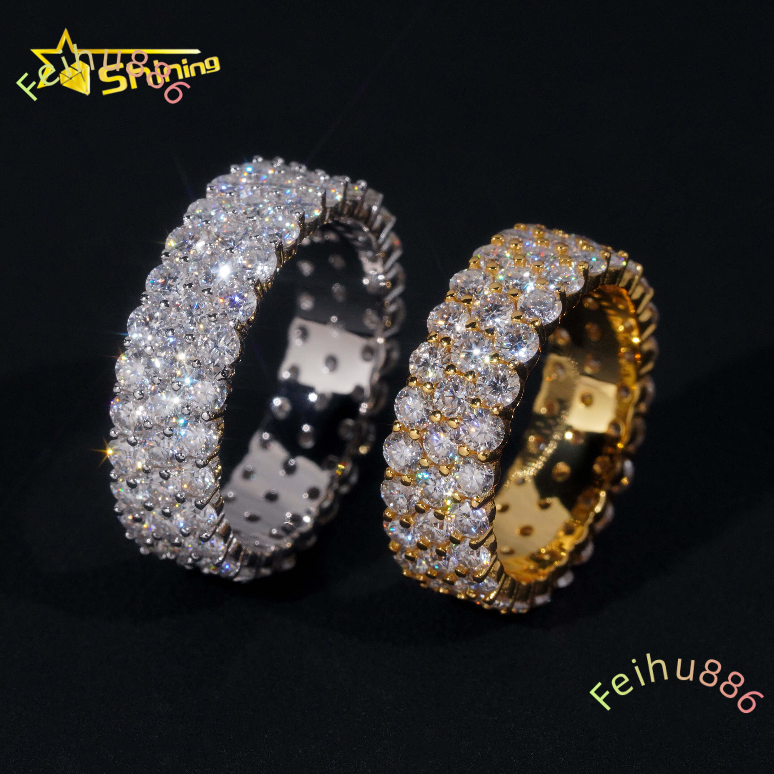 Fine Jewelry Men Hip Hop Ring Pass Diamond Tester 925 Silver Gold Plated 3 Rows VVS Iced Out Moissanite Diamond Ring