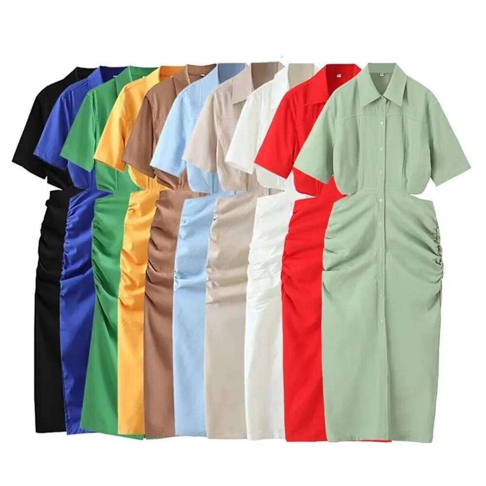 Designer Clothes Summer New Product Women S Fashion Slim Fit Flip Collar Short Sleeve Solid Color Sexy Off Waist Dress Hot Selling