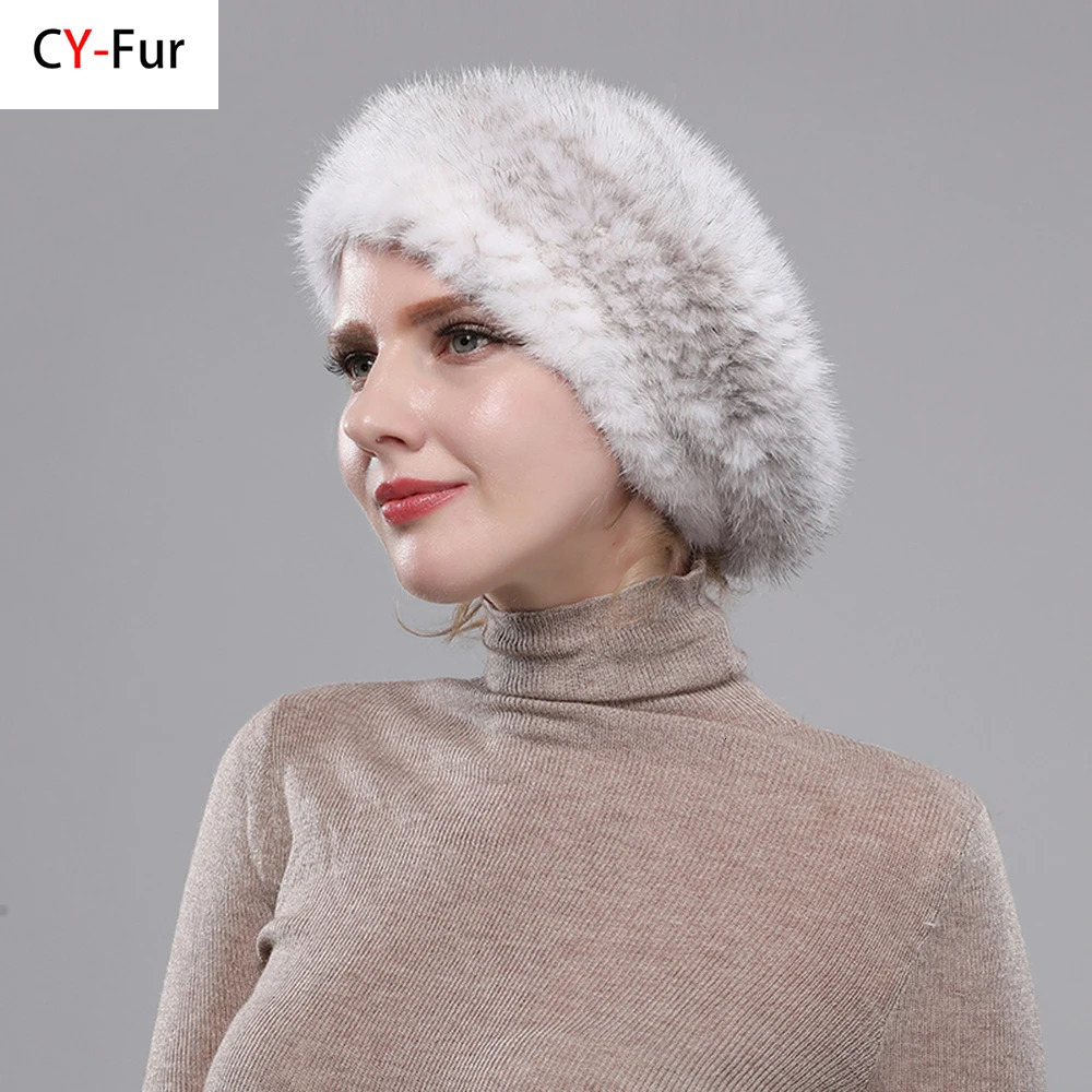 Mink Fur Berets Elegant Womens Winter Caps Fashion Fur Hats Knitted Warm Natural Mink Fur Beanies Hat 251211