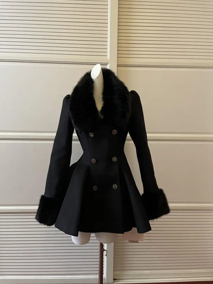 Winter Hepburn Black Fur Collar Woolen Coat French Style Vintage Blends Slim Mid-length Outwear Elegant Lolita Warm Outfits 2025251205
