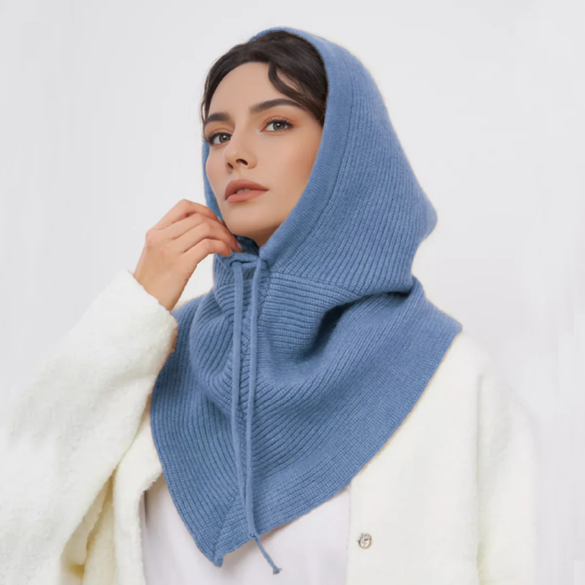 Autumn Winter Balaclava Hat Women Knitted Hat Hooded Caps Solid Color One-Piece Neck Collar Scarf Hats Winter Outdoor Outfits 251211