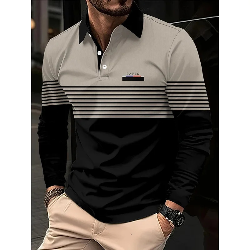 Polo graphic horizontal striped mens autumn and winter longsleeved shirt sports casual daily use 3d printed breathable bu 251211