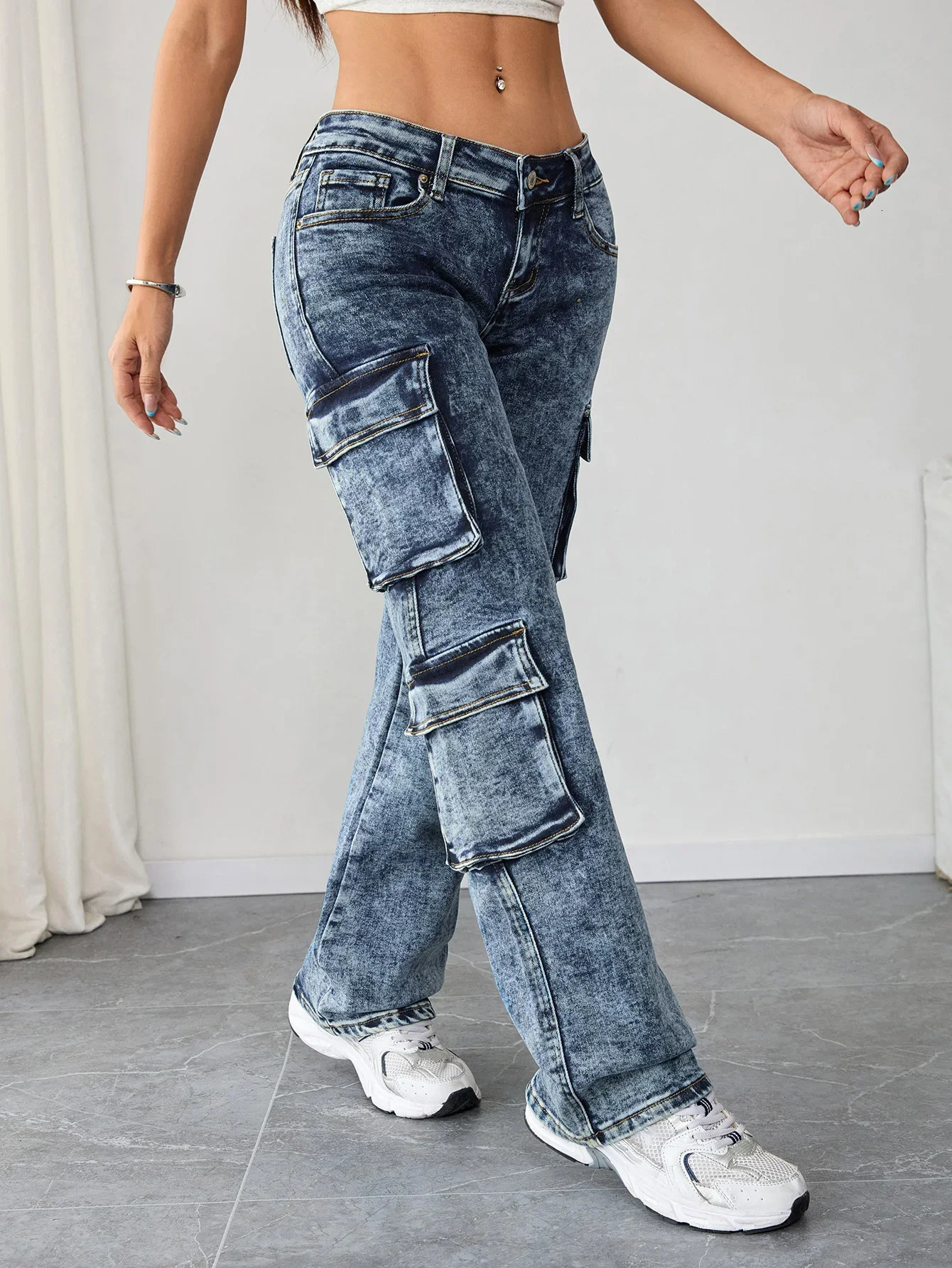 Retro Womens Washed Cargo Denim Pants High Rise Loose Fit Jeans Vintage 90s Style Denim Clothing for Daily Outfit 251212