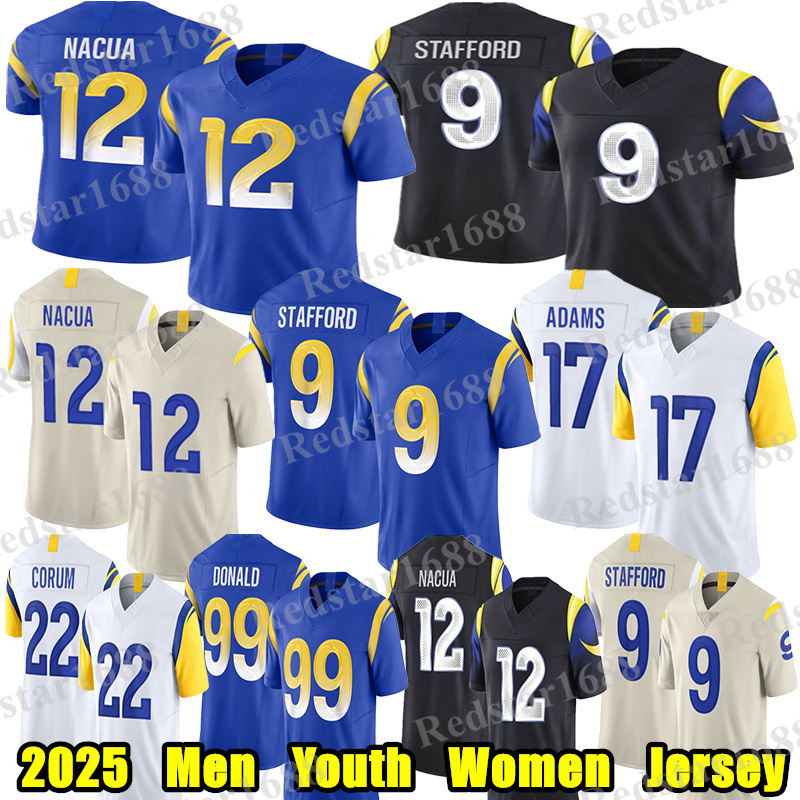 #9 Matthew Stafford Football Jersey #12 Puka Nacua Davante Adams Aaron Donald Kyren Williams Jared Verse Jimmy Garoppolo Joshua Karty Jarquez Hun-image-941105444