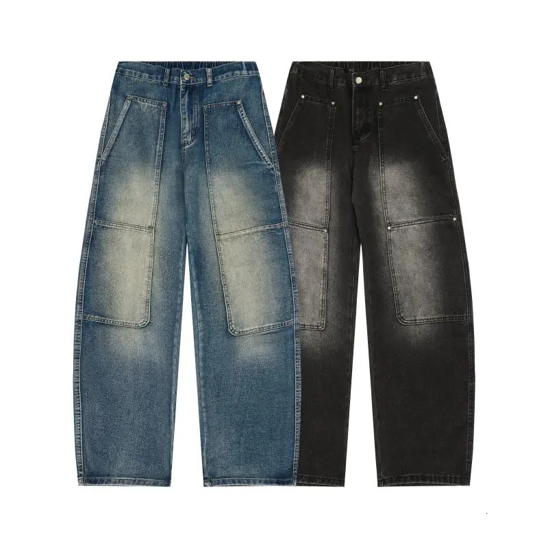 Mens Jeans Spring And Autumn Fashion Straight Tube Loose Washed Casual American Retro Original Color Wide Rivet Logging Pants 251205