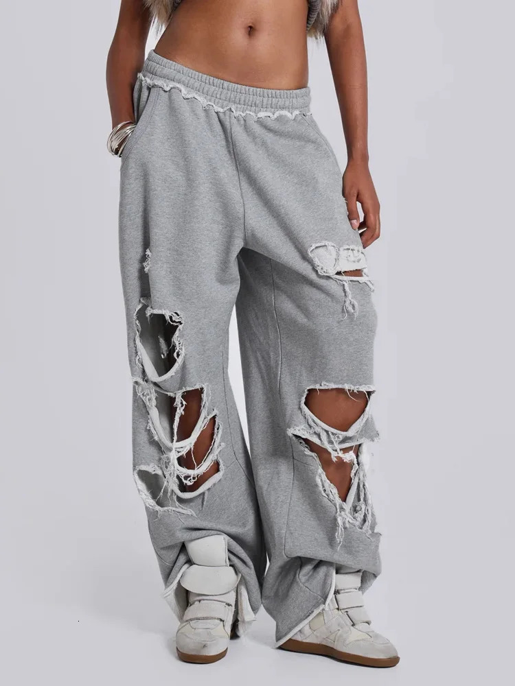 HOUZHOU Gray Ripped Women Pants Y2k Jogging Wide Leg American Retro Hip Hop Sweatpants Oversized Baggy Casual Streetwear Summer 251210