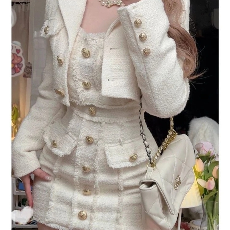 Womens Short Tweed Jacket Dress 2-Piece Set Winter Slim Fit Waist-Cinching Outfit Ladies Fashion Suit Office Chic 251205
