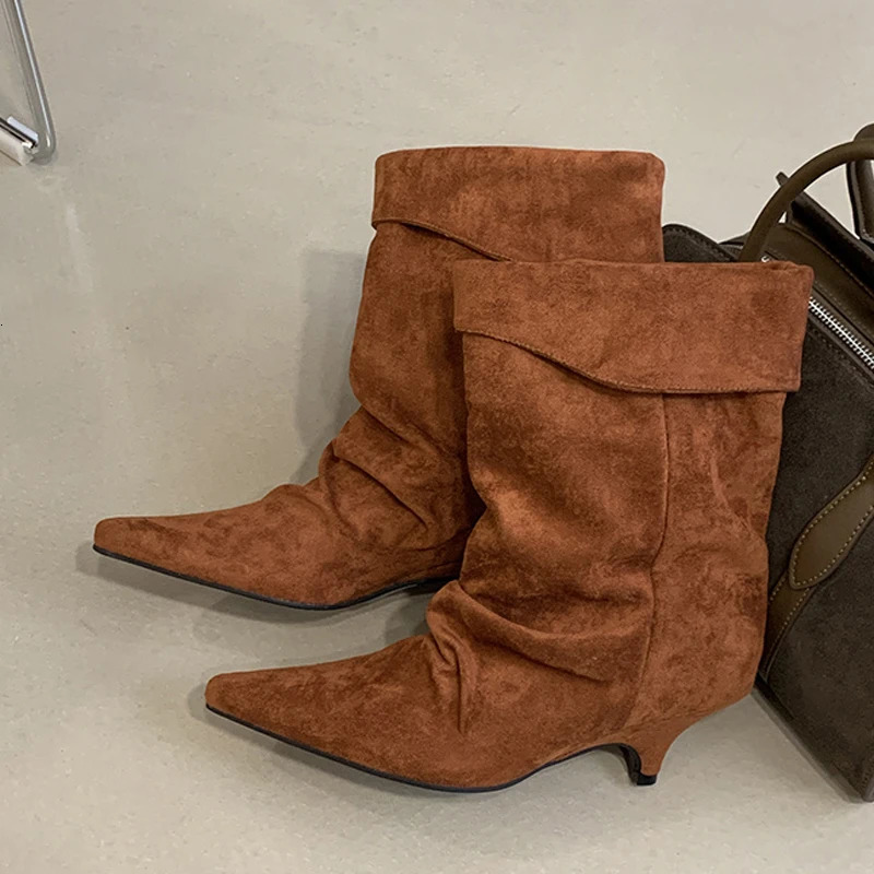 Liyke Vintage Pointed Toe Pleated Ankle Boots For Women Low Heels Autumn Winter Chelsea Shoes Ladies Party Prom Fashion Booties 251212
