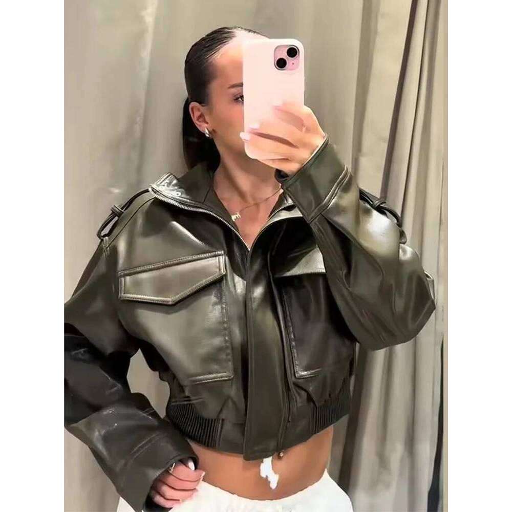Designer Clothes Chic Fashion Faux Leather Jackets For Women Loose Zipper Long Sleeve Female Short Coats Autumn Lady Casual New Outerwear Hot Sellin