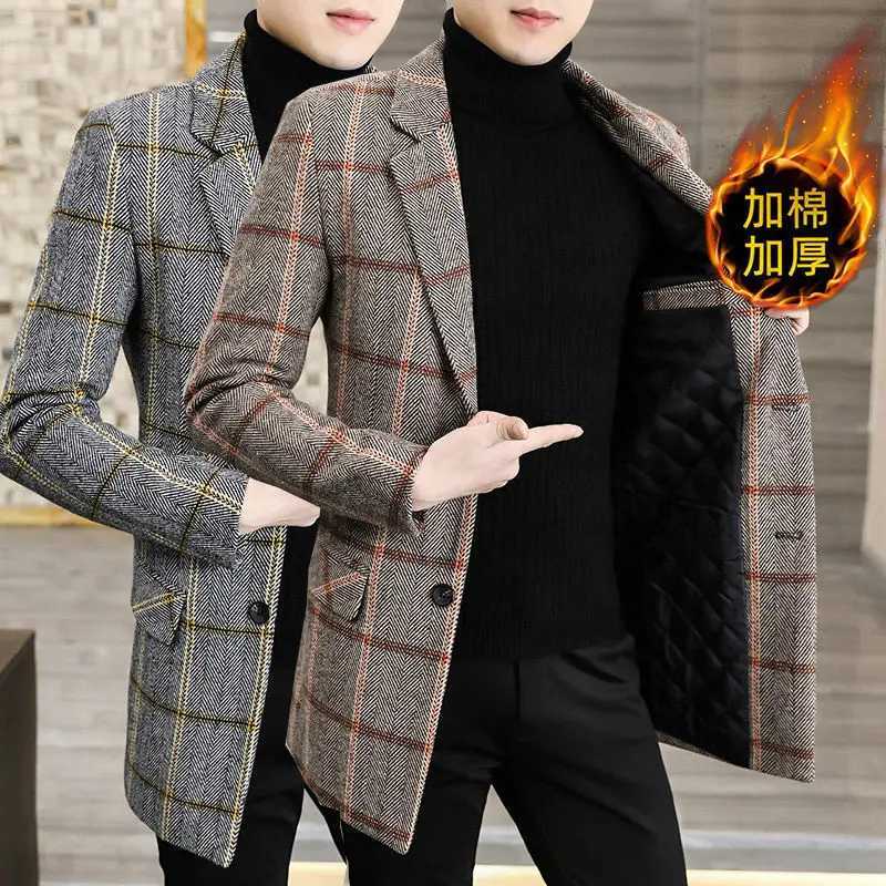Winter Mao Overcoat Adding Cotton and Thickening Mens Jacket Medium and Long Styles Windbreaker Loose Coat Lattice Leisure TimeT251213