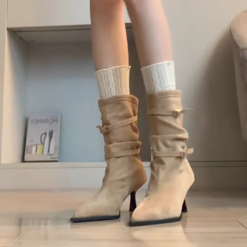 Suede Pointed Toe Crumple Stacked Short Boots Autumn and Winter Belt Buckle Thin High Heels One-piece Mid-calf Boots 251209