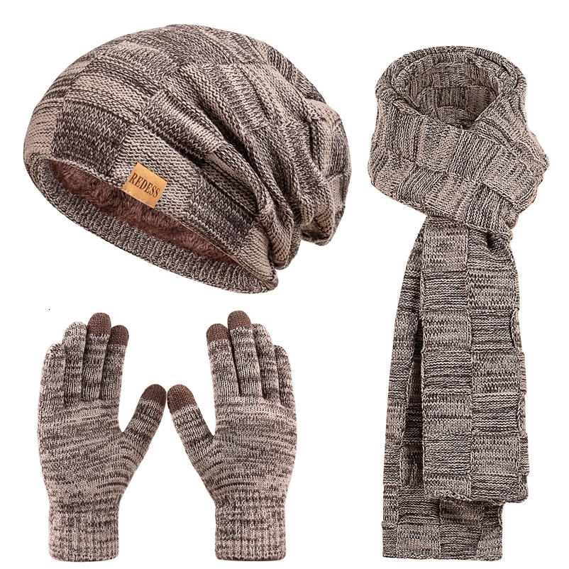 Winter mens and womens hat scarf and glove set couple style with plush lining thick long scarf touchscreen gloves 251124