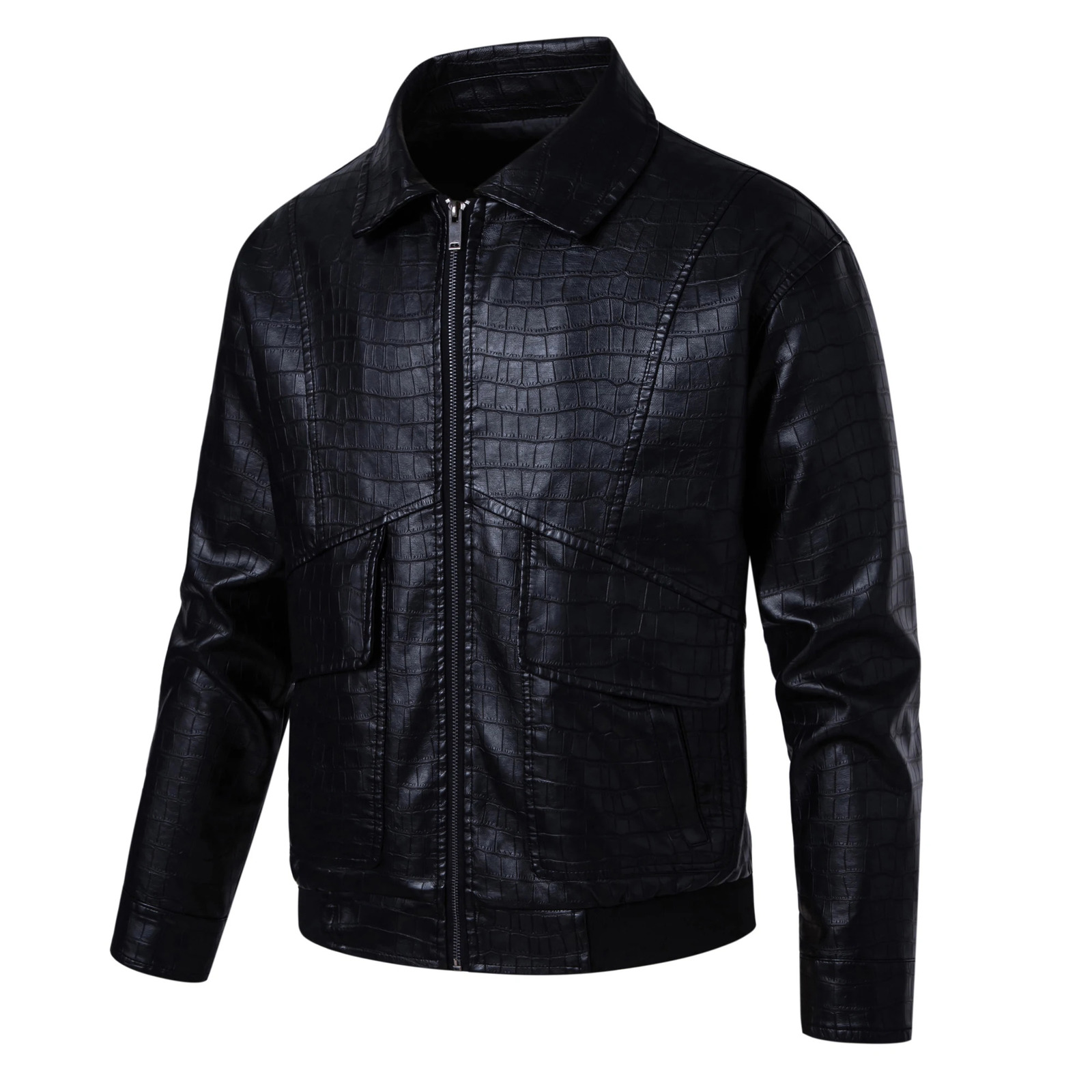 Mens faux crocodile PU leather jacket with vintage lapels 251211