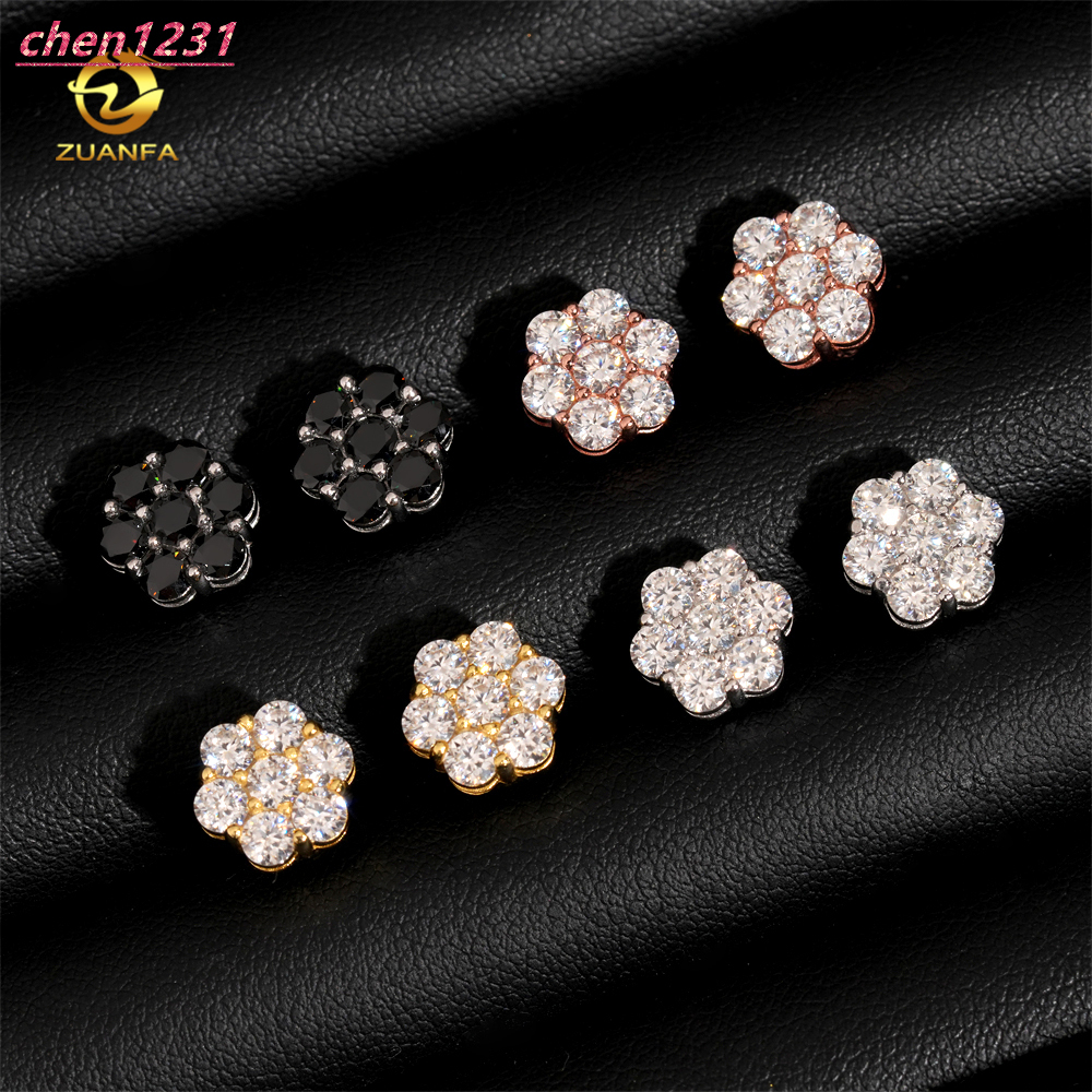 Hot Sale Flower Cluster Moissanite Earrings 925 Sterling Silver Hip Hop Earrings 9mm Screw Back Stud Earrings for Men and Women