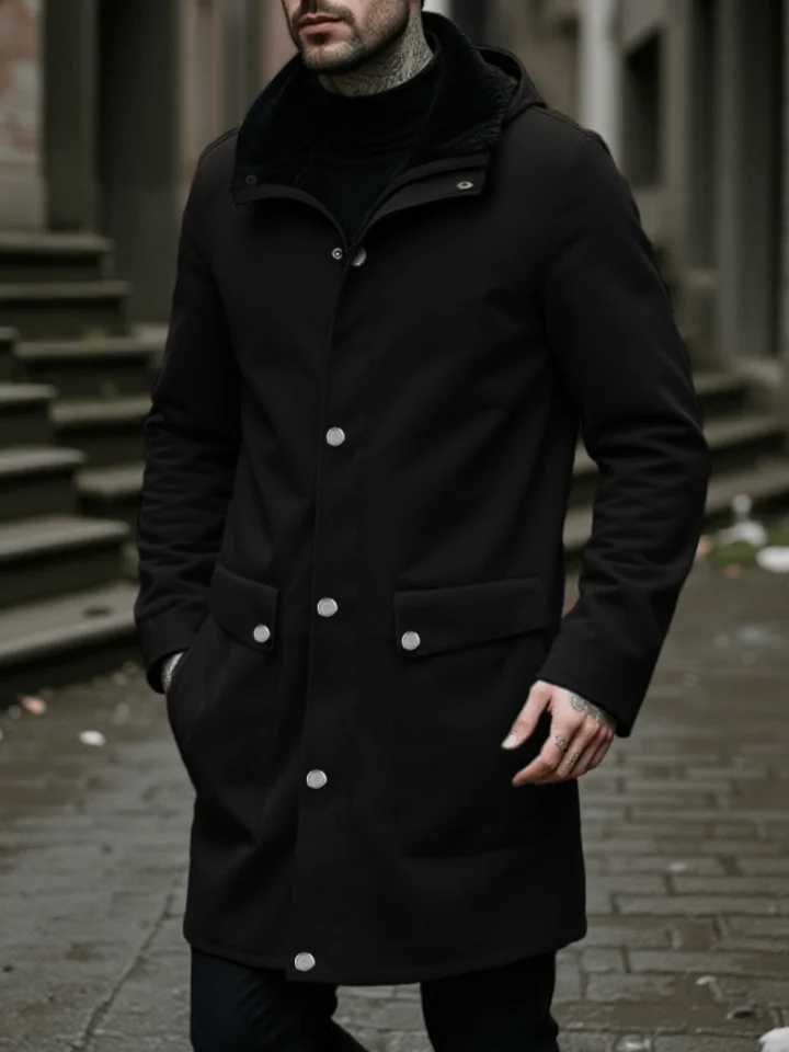 Stylish Mens Wool Blend Overcoat Single-Breasted Hooded Jacket Lined Thick Zipper Coat And Warm For Street And WorkwearT251213