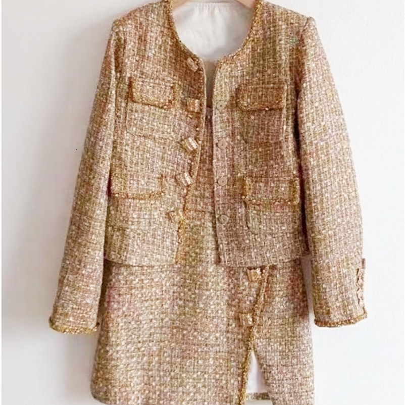 AW Arrive Women Two Pieces Sets Camel Golden Tweed Round Neck Coat Slip Mini Dress With Sequins And Diamonds 251205