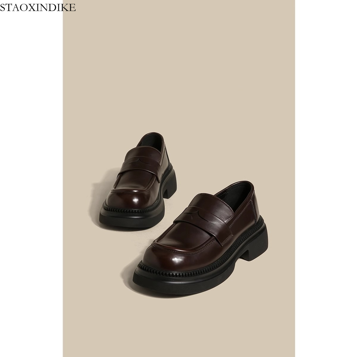 STAOXINDIKE Platform Loafers for Women 2024 Spring New Brown British Style Small Leather Shoes Height Increasing Soft Sole Commuter Single Shoes