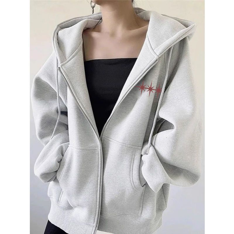 Autumn Winter High-End Heavyweight Thick Zipper Jacket for Women American Style Star Print Loose Slimming Cardigan Hooded Sweatshirt