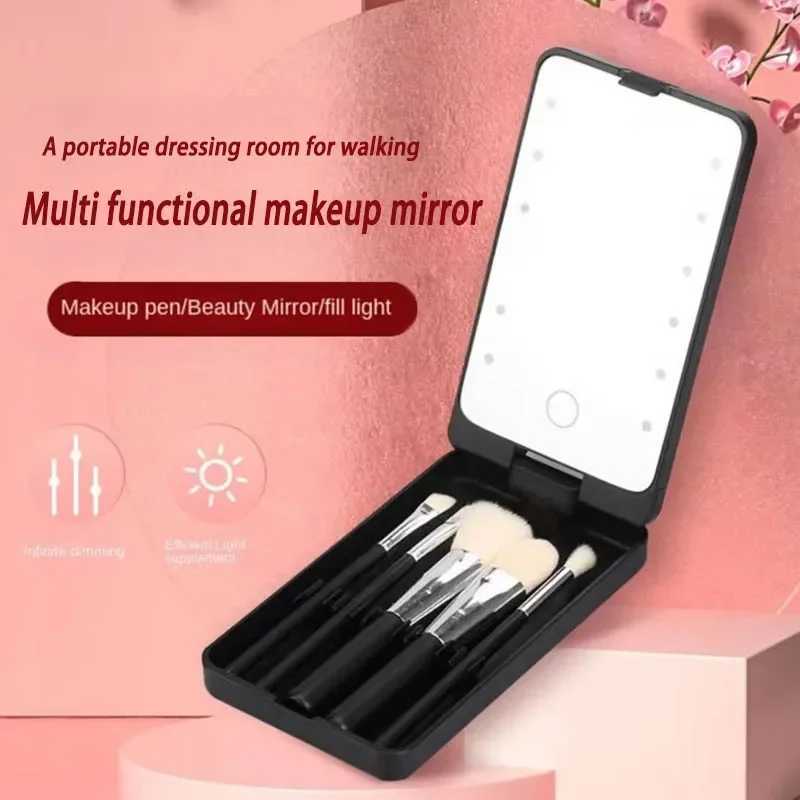 Multi functional makeup mirror Rechargeable Compact Storage Box With 5 Brushes Foldable Multifunction Travel Makeup Brush SetT251213-image-1088316147