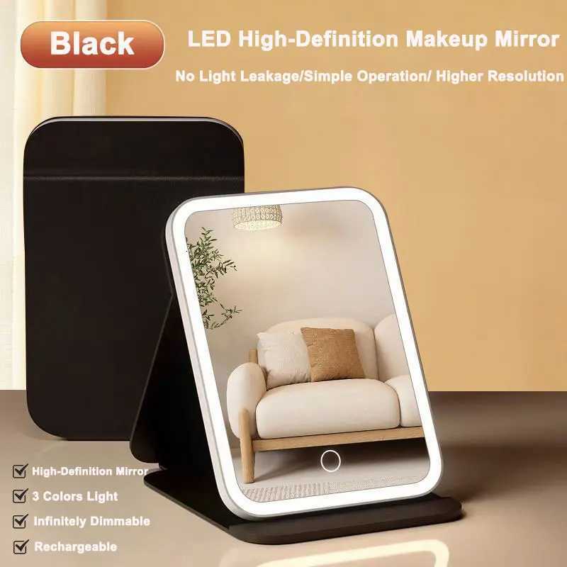3 Colors LED Vanity Mirror with Leather Touch Screen USB Rechargeable 3 Brightness Dimming Makeup Mirror FoldableT251213-image-1088277792