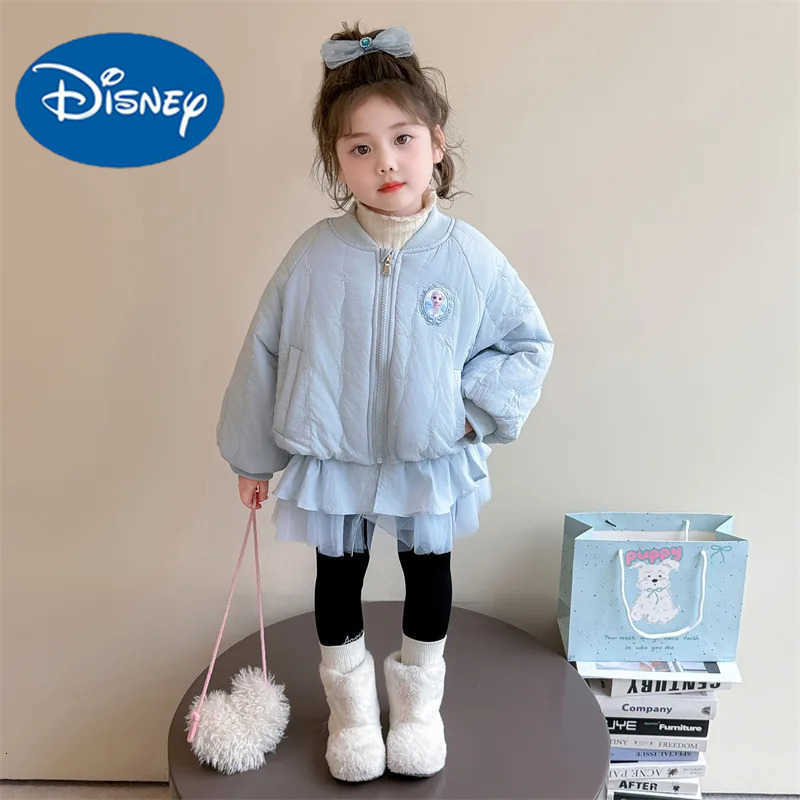 Disney Cartoon Elsa Pattern Girls Cotton Jacket Korean Style Mesh Splicing Thick Warm Coat Fashion Zipper Childrens Outerwear H251213-image-1088254489